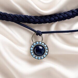 Navy Double-Strand Choker – Blue Cabochon Halo Pendant Braided Statement Jewelry